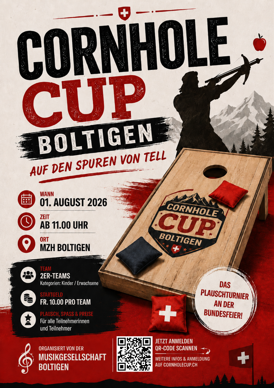 Cornhole Cup Boltigen Teaser mit Board und Tell-Silhouette