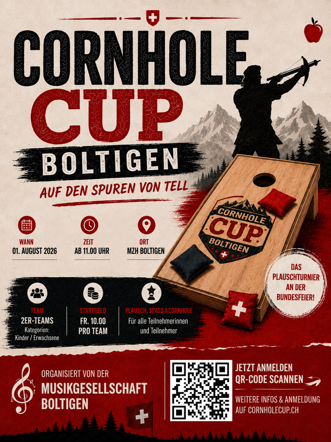 Cornhole Cup Boltigen Teaser mit Board und Tell-Silhouette